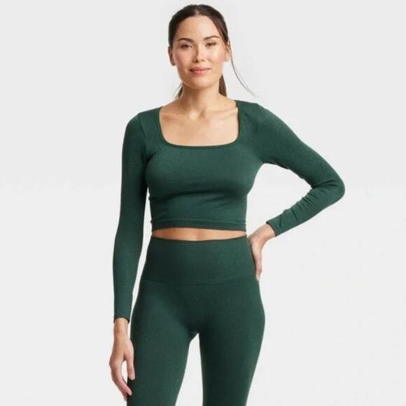 All In Motion Lurex Sparkle Shimmer Seamless Cropped Long Sleeve Top Green XXL - Picture 1 of 6